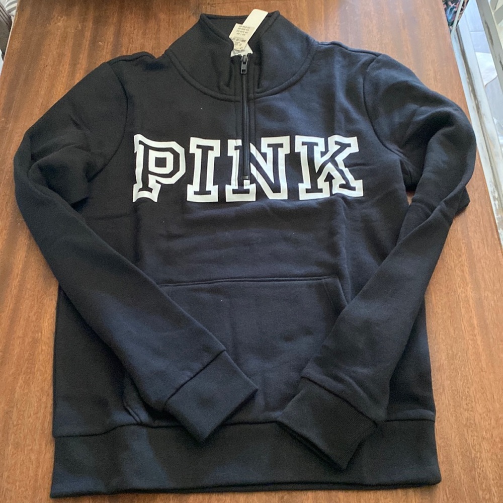 Pink quarter zip sweatshirt, black with white logo